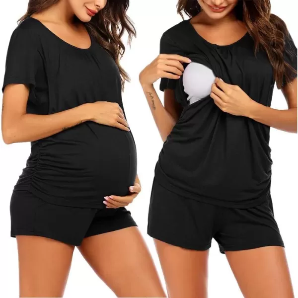 Ekouaer Womens Maternity Nursing Pajama Set Breastfeeding Sleepwear Set Double Layer Short Sleeve Top amp Pants Pregnancy PJSBblack