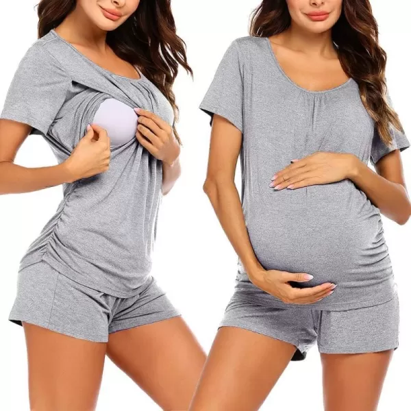 Ekouaer Womens Maternity Nursing Pajama Set Breastfeeding Sleepwear Set Double Layer Short Sleeve Top amp Pants Pregnancy PJSBlight Grey