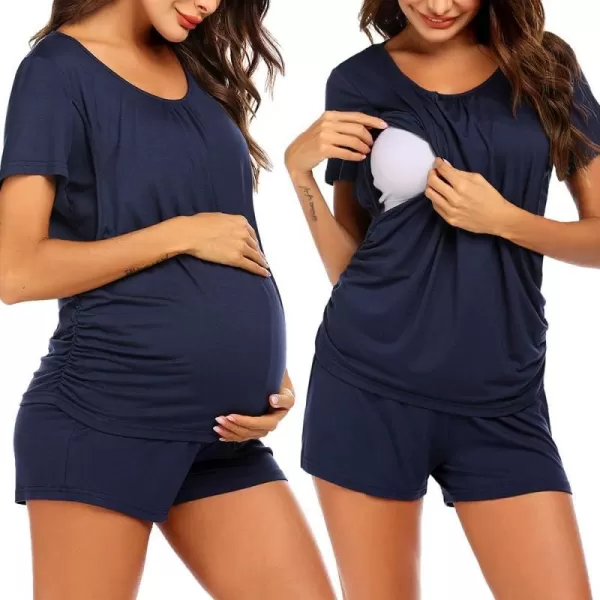 Ekouaer Womens Maternity Nursing Pajama Set Breastfeeding Sleepwear Set Double Layer Short Sleeve Top amp Pants Pregnancy PJSBnavy Blue