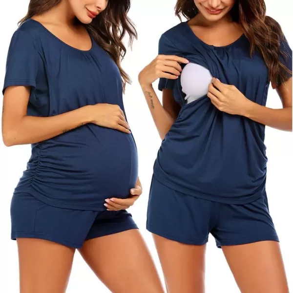 Ekouaer Womens Maternity Nursing Pajama Set Breastfeeding Sleepwear Set Double Layer Short Sleeve Top amp Pants Pregnancy PJSCblue