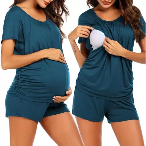 Ekouaer Womens Maternity Nursing Pajama Set Breastfeeding Sleepwear Set Double Layer Short Sleeve Top amp Pants Pregnancy PJSCteal