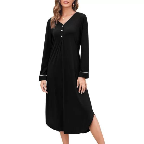 Ekouaer Womens Nightgown Long Sleeve Nightshirt FullLength Sleep Dress Soft VNeck Sleepwear LoungewearBlack