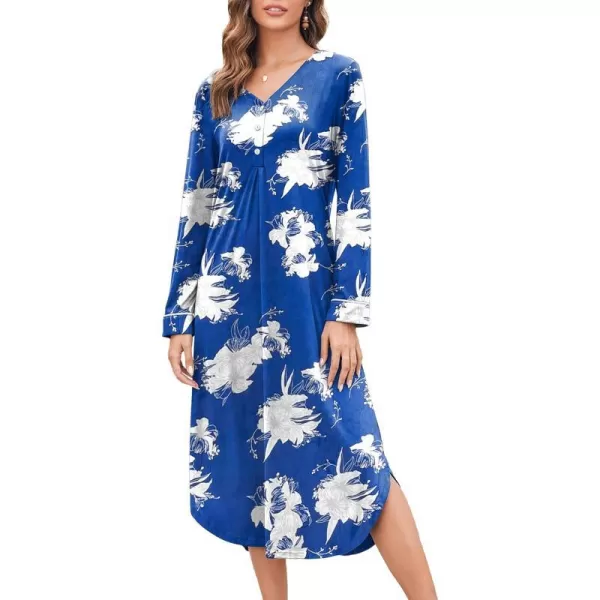 Ekouaer Womens Nightgown Long Sleeve Nightshirt FullLength Sleep Dress Soft VNeck Sleepwear LoungewearBlue Flower