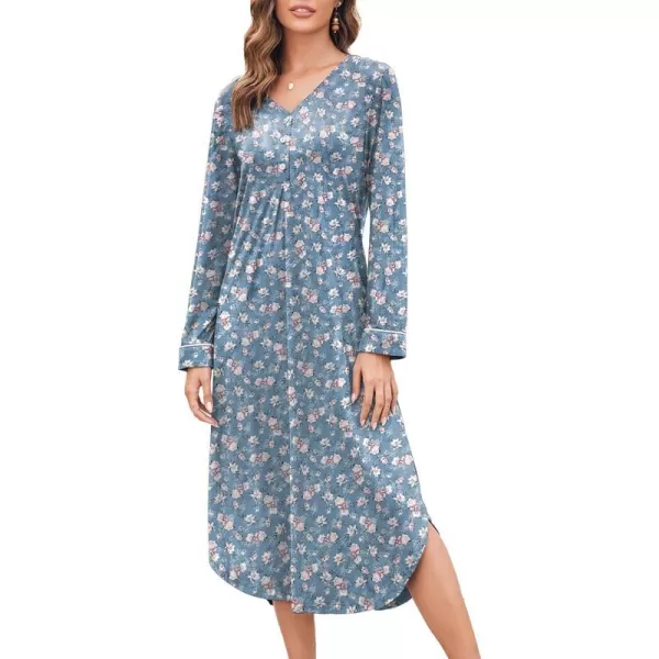 Ekouaer Womens Nightgown Long Sleeve Nightshirt FullLength Sleep Dress Soft VNeck Sleepwear LoungewearBluered Flowers