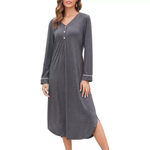 Ekouaer Womens Nightgown Long Sleeve Nightshirt FullLength Sleep Dress Soft VNeck Sleepwear LoungewearGray