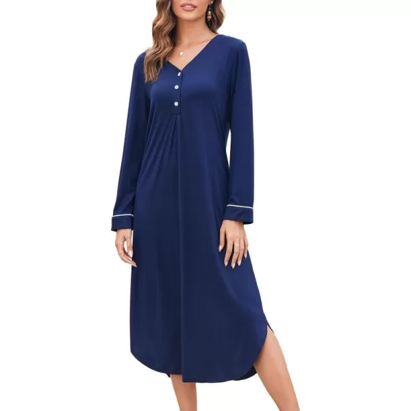 Ekouaer Womens Nightgown Long Sleeve Nightshirt FullLength Sleep Dress Soft VNeck Sleepwear LoungewearNavy Blue