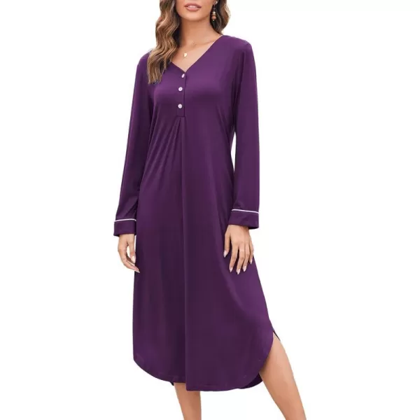 Ekouaer Womens Nightgown Long Sleeve Nightshirt FullLength Sleep Dress Soft VNeck Sleepwear LoungewearPurple