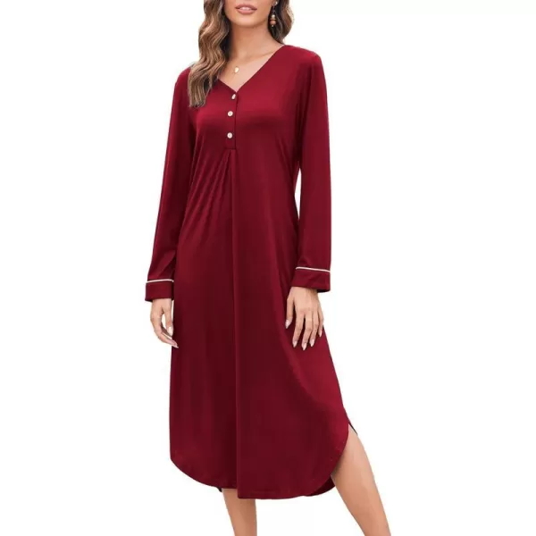 Ekouaer Womens Nightgown Long Sleeve Nightshirt FullLength Sleep Dress Soft VNeck Sleepwear LoungewearRed