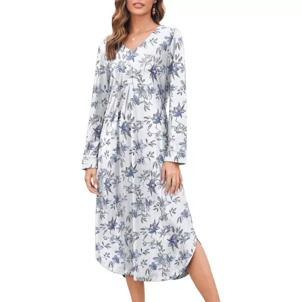 Ekouaer Womens Nightgown Long Sleeve Nightshirt FullLength Sleep Dress Soft VNeck Sleepwear LoungewearWhite Flower