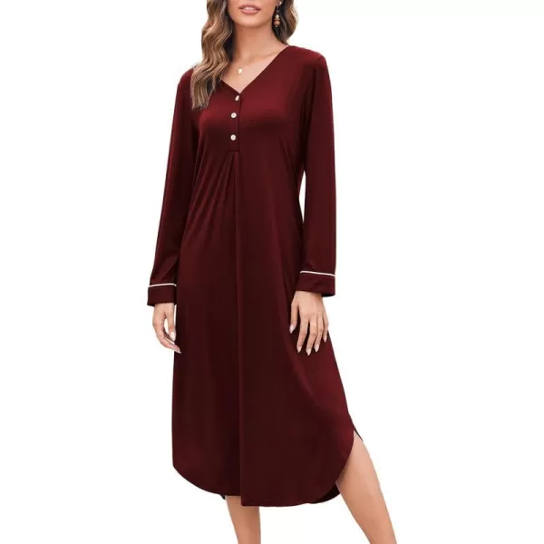 Ekouaer Womens Nightgown Long Sleeve Nightshirt FullLength Sleep Dress Soft VNeck Sleepwear LoungewearWine Red