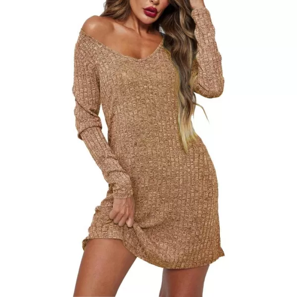 Ekouaer Womens Nightgown Long Sleeve Rib Knit Pajama Dress V Neck Soft Loungewear Sleepwear SXXLLight Brown