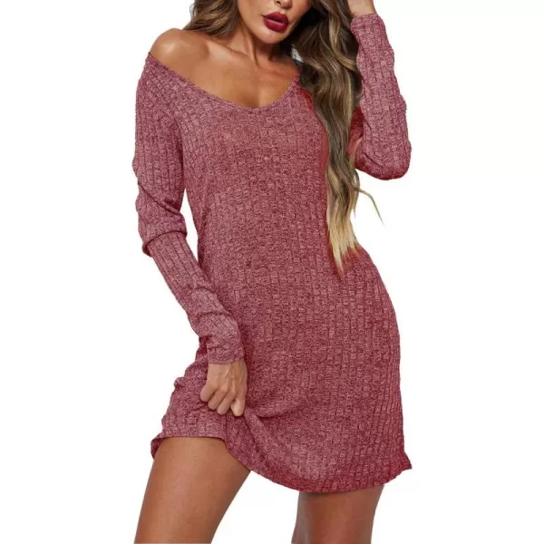 Ekouaer Womens Nightgown Long Sleeve Rib Knit Pajama Dress V Neck Soft Loungewear Sleepwear SXXLWine Red