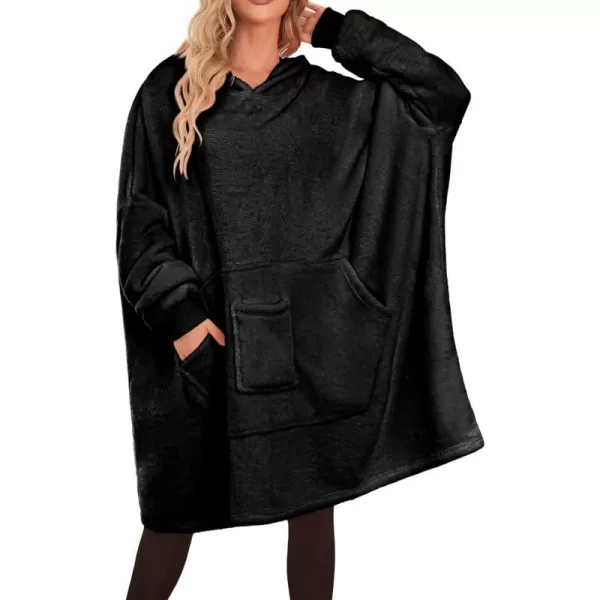 Ekouaer Womens Oversized Hooded Bathrobe Plush Soft Warm Robe Sherpa Wearable Blanket with Giant Pockets One Size Fits AllBlack