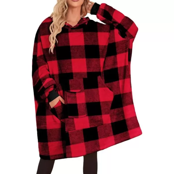 Ekouaer Womens Oversized Hooded Bathrobe Plush Soft Warm Robe Sherpa Wearable Blanket with Giant Pockets One Size Fits AllRed Black Plaid