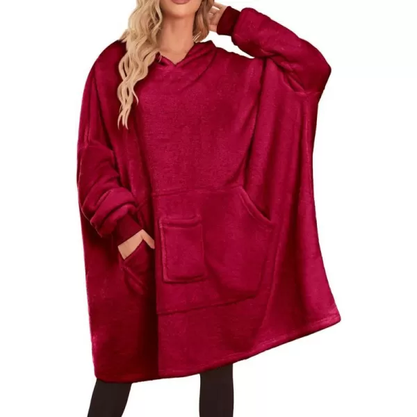 Ekouaer Womens Oversized Hooded Bathrobe Plush Soft Warm Robe Sherpa Wearable Blanket with Giant Pockets One Size Fits AllWine Red