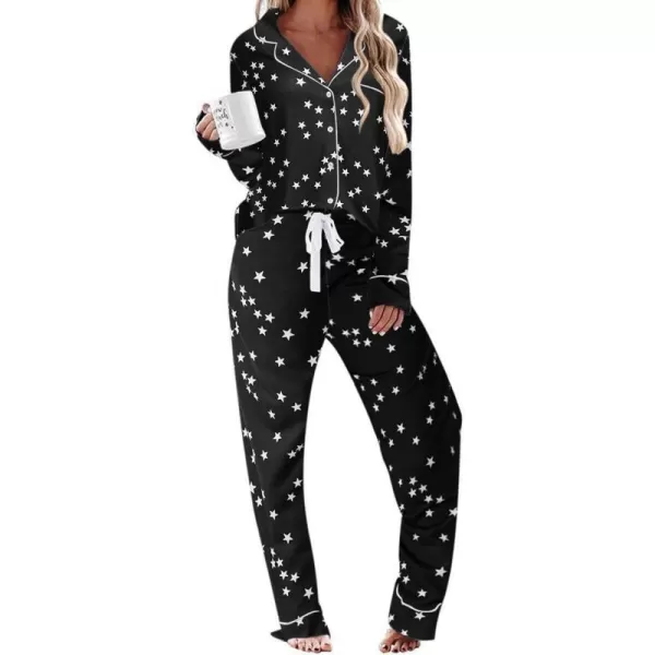 Ekouaer Womens Pajamas Long Sleeve Sleepwear Casual Button Down Loungewear Soft Pjs Set SXXLBlack With Stars