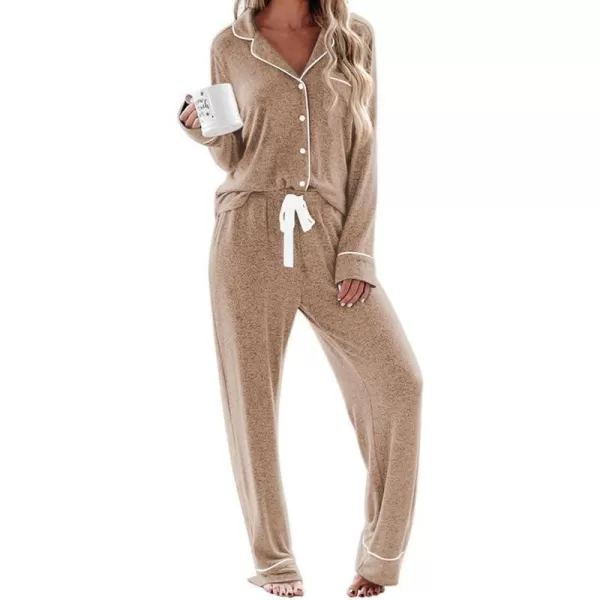 Ekouaer Womens Pajamas Long Sleeve Sleepwear Casual Button Down Loungewear Soft Pjs Set SXXLLight Brown