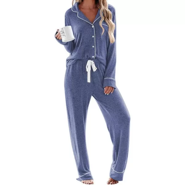 Ekouaer Womens Pajamas Long Sleeve Sleepwear Casual Button Down Loungewear Soft Pjs Set SXXLNavy