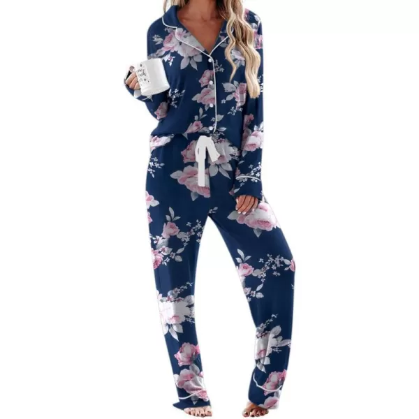 Ekouaer Womens Pajamas Long Sleeve Sleepwear Casual Button Down Loungewear Soft Pjs Set SXXLNavy With Flowers