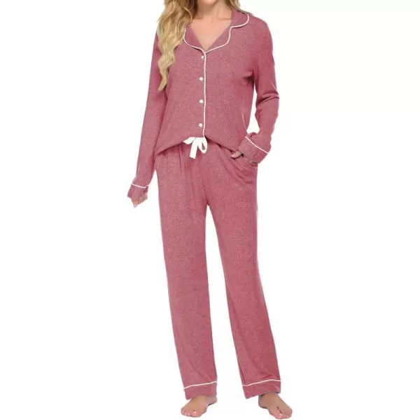 Ekouaer Womens Pajamas Long Sleeve Sleepwear Casual Button Down Loungewear Soft Pjs Set SXXLWine