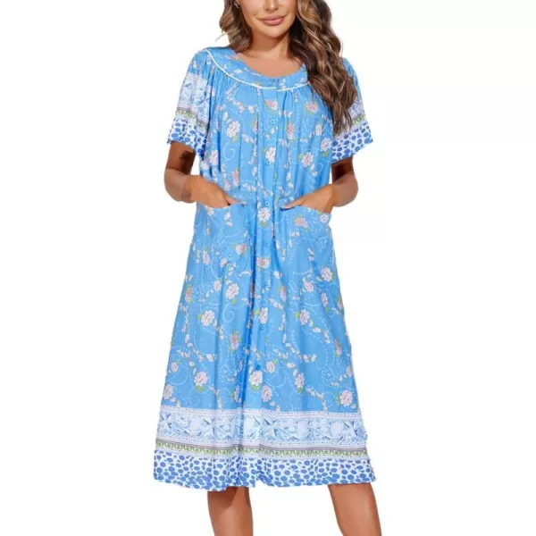 Ekouaer Womens Short Sleeve House Dress Floral Mumu Dress Duster Housecoat Button Down Nightgown with PocketsFloral Blue