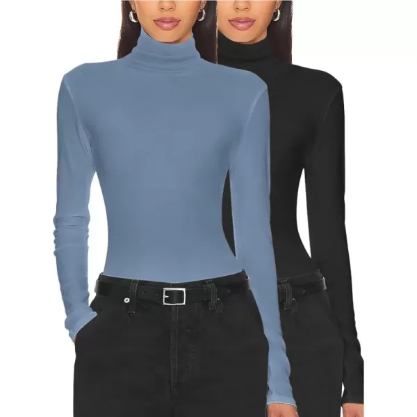 Ekouaer Womens Turtleneck Long Sleeve Shirts Slim Fit Thermal Underwear Tops Lightweight Pullover TeesHaze BlueBlack