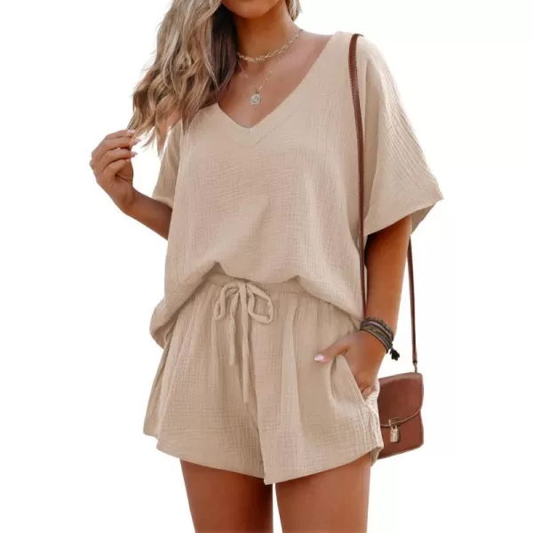 Ekouaer Womens V Neck Lounge Sets Beach Cover Up Shirt and Shorts 2 Piece Outfits Loungewear Pajama with Pockets KhakiLEkouaer Womens V Neck Lounge Sets Beach Cover Up Shirt and Shorts 2 Piece Outfits Loungewear Pajama with Pockets KhakiL