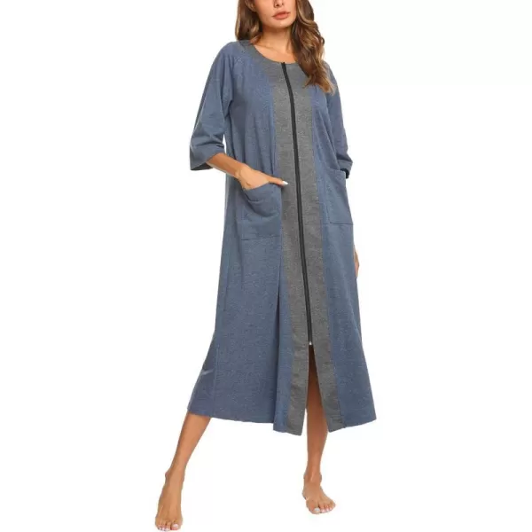 Ekouaer Womens Zipper Robe 34 Sleeve Housecoats Full Length House Dress Loungewear Long Nightgown with PocketsBlue