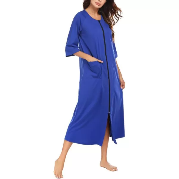 Ekouaer Womens Zipper Robe 34 Sleeve Housecoats Full Length House Dress Loungewear Long Nightgown with PocketsBlue Sapphire