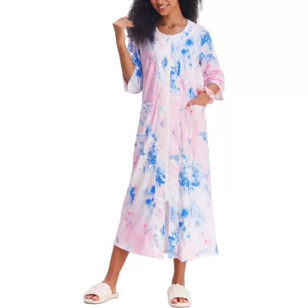 Ekouaer Womens Zipper Robe 34 Sleeve Housecoats Full Length House Dress Loungewear Long Nightgown with PocketsBlue Tie Dye