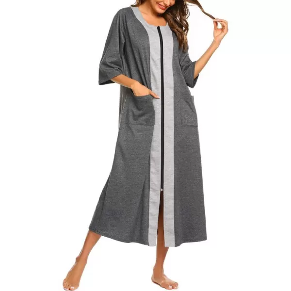 Ekouaer Womens Zipper Robe 34 Sleeve Housecoats Full Length House Dress Loungewear Long Nightgown with PocketsGray