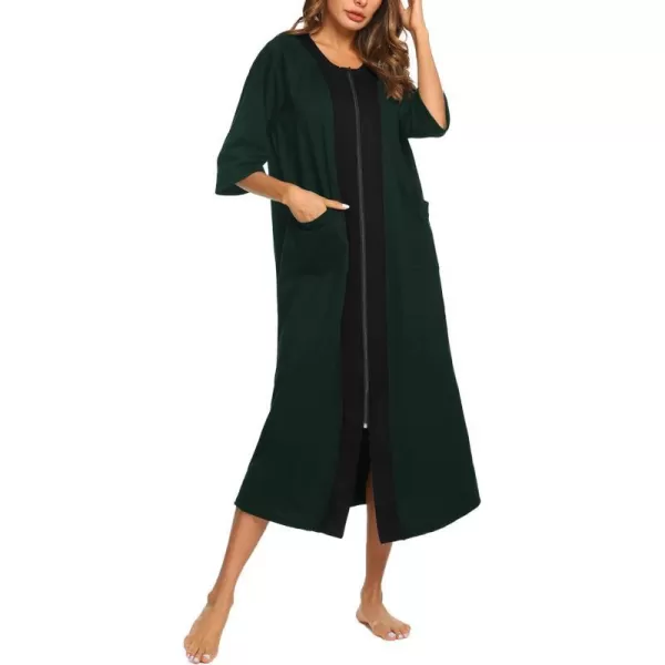 Ekouaer Womens Zipper Robe 34 Sleeve Housecoats Full Length House Dress Loungewear Long Nightgown with PocketsGreen