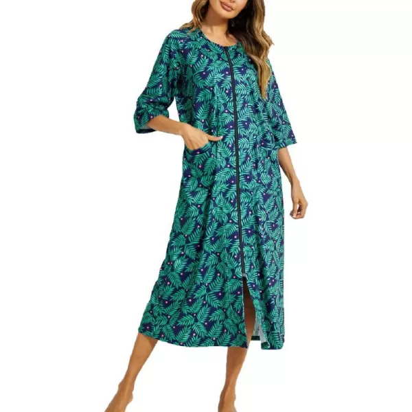 Ekouaer Womens Zipper Robe 34 Sleeve Housecoats Full Length House Dress Loungewear Long Nightgown with PocketsGreen Leaf