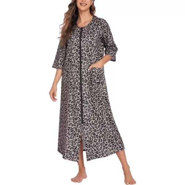 Ekouaer Womens Zipper Robe 34 Sleeve Housecoats Full Length House Dress Loungewear Long Nightgown with PocketsKhaki Leopard