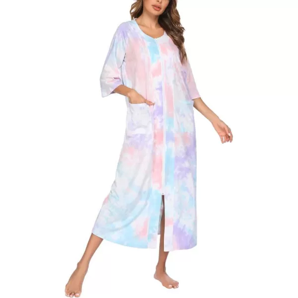 Ekouaer Womens Zipper Robe 34 Sleeve Housecoats Full Length House Dress Loungewear Long Nightgown with PocketsMulticoloured 3