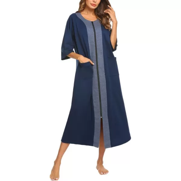 Ekouaer Womens Zipper Robe 34 Sleeve Housecoats Full Length House Dress Loungewear Long Nightgown with PocketsNavy Blue