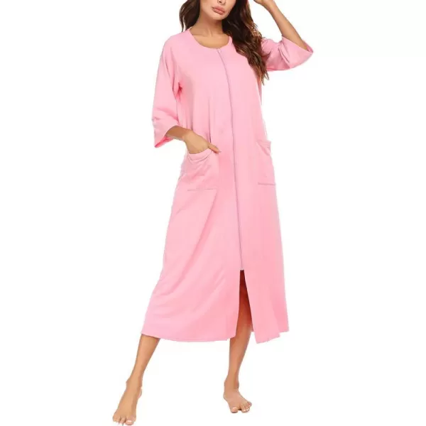 Ekouaer Womens Zipper Robe 34 Sleeve Housecoats Full Length House Dress Loungewear Long Nightgown with PocketsPink Rose