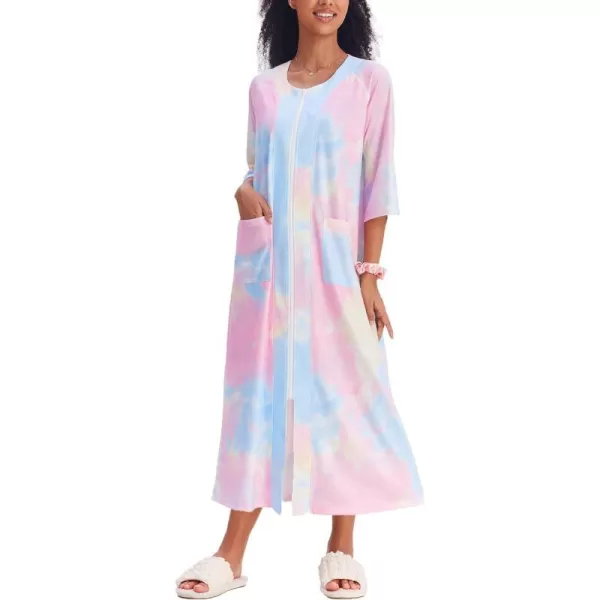 Ekouaer Womens Zipper Robe 34 Sleeve Housecoats Full Length House Dress Loungewear Long Nightgown with PocketsPink Tie Dye