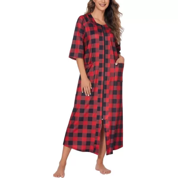 Ekouaer Womens Zipper Robe 34 Sleeve Housecoats Full Length House Dress Loungewear Long Nightgown with PocketsRed Lattice