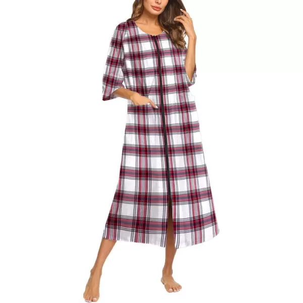 Ekouaer Womens Zipper Robe 34 Sleeve Housecoats Full Length House Dress Loungewear Long Nightgown with PocketsWhite Lattice