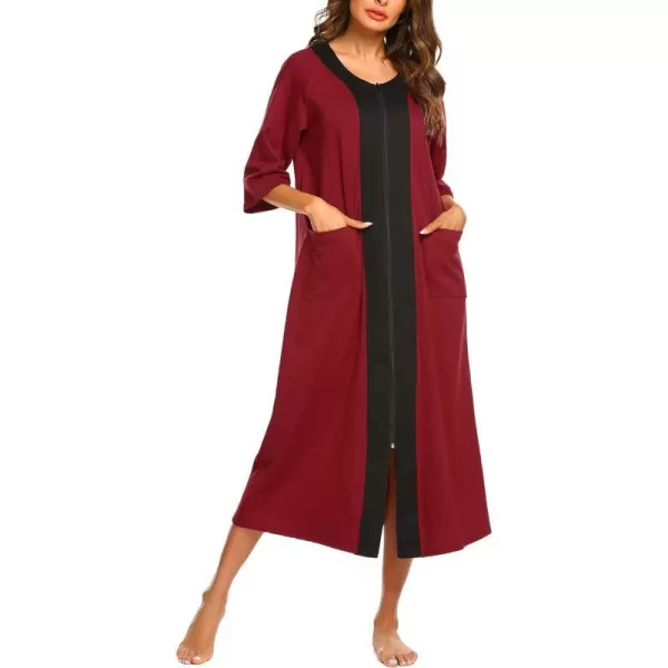 Ekouaer Womens Zipper Robe 34 Sleeve Housecoats Full Length House Dress Loungewear Long Nightgown with PocketsWine Red