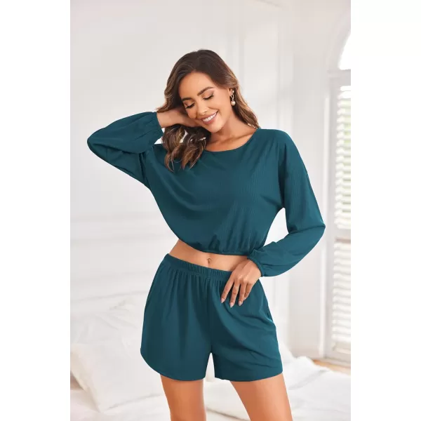 Ekouaer Ribbed Knit Lounge Sets for Women 2 Piece Pajamas Crop Tops and Shorts Matching Outfits Casual Sweatsuit SXXLBluegreen