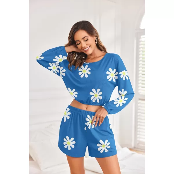 Ekouaer Ribbed Knit Lounge Sets for Women 2 Piece Pajamas Crop Tops and Shorts Matching Outfits Casual Sweatsuit SXXLFloralblue