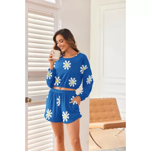 Ekouaer Ribbed Knit Lounge Sets for Women 2 Piece Pajamas Crop Tops and Shorts Matching Outfits Casual Sweatsuit SXXLFloralblue