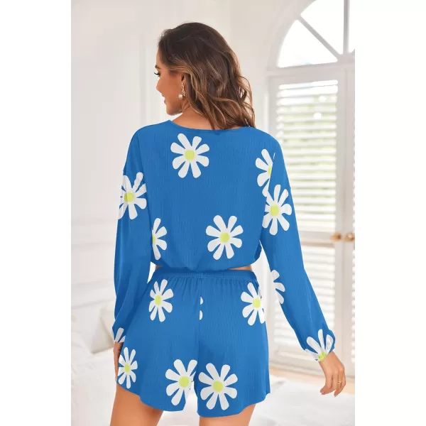 Ekouaer Ribbed Knit Lounge Sets for Women 2 Piece Pajamas Crop Tops and Shorts Matching Outfits Casual Sweatsuit SXXLFloralblue