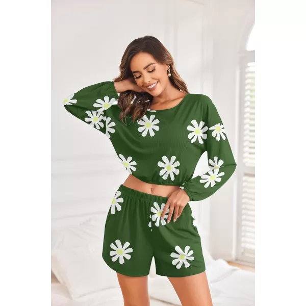 Ekouaer Ribbed Knit Lounge Sets for Women 2 Piece Pajamas Crop Tops and Shorts Matching Outfits Casual Sweatsuit SXXLFloralgreen