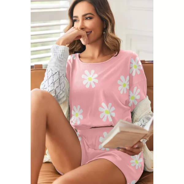 Ekouaer Ribbed Knit Lounge Sets for Women 2 Piece Pajamas Crop Tops and Shorts Matching Outfits Casual Sweatsuit SXXLFloralpink
