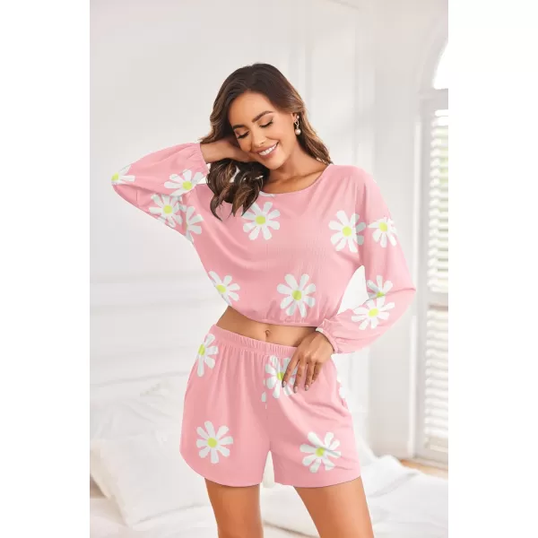 Ekouaer Ribbed Knit Lounge Sets for Women 2 Piece Pajamas Crop Tops and Shorts Matching Outfits Casual Sweatsuit SXXLFloralpink