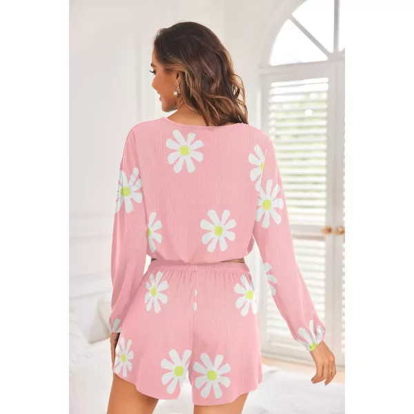 Ekouaer Ribbed Knit Lounge Sets for Women 2 Piece Pajamas Crop Tops and Shorts Matching Outfits Casual Sweatsuit SXXLFloralpink
