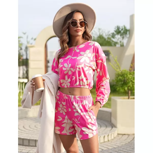 Ekouaer Ribbed Knit Lounge Sets for Women 2 Piece Pajamas Crop Tops and Shorts Matching Outfits Casual Sweatsuit SXXLFloralrose Pink